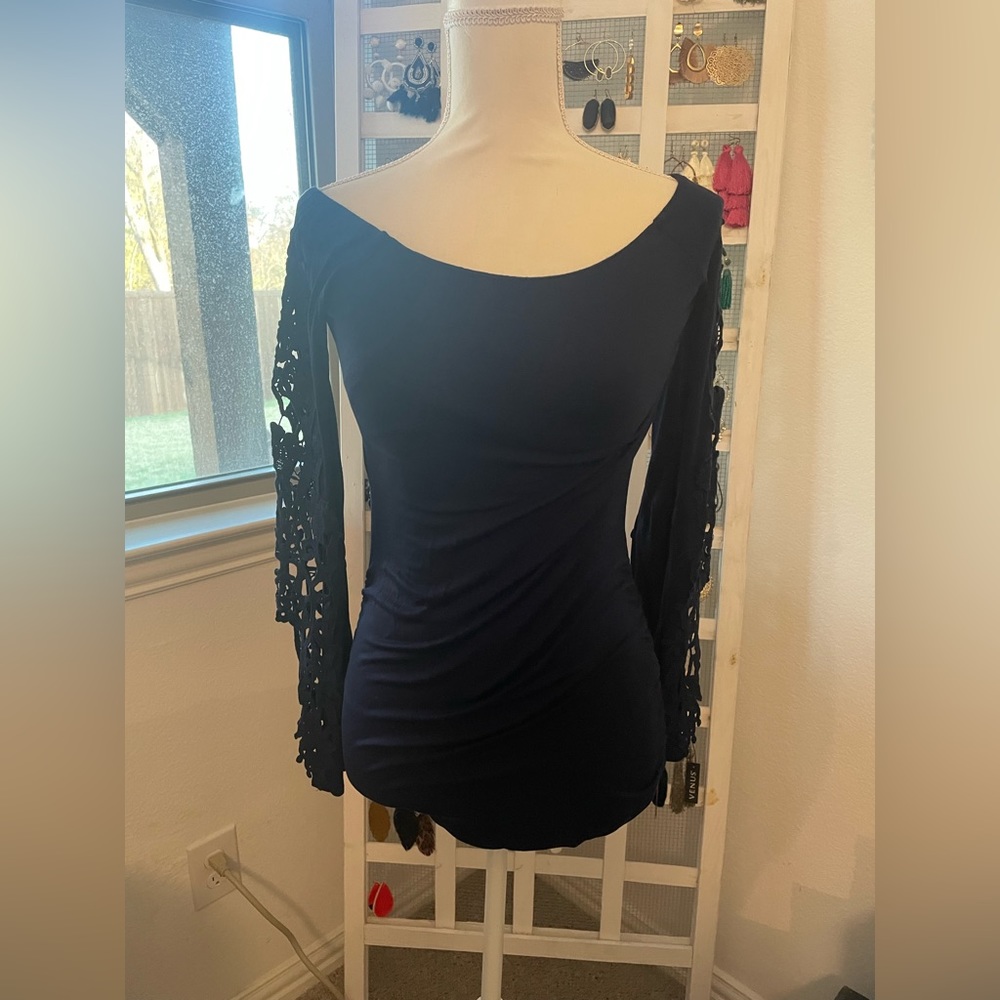 NWOT Venus Navy blue off the shoulder top with lace sleeves
